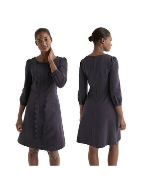 Boden Alexandra Ponte Dress 10R Navy Mid Puff Sleeves Eyelet Scallop Front Lined